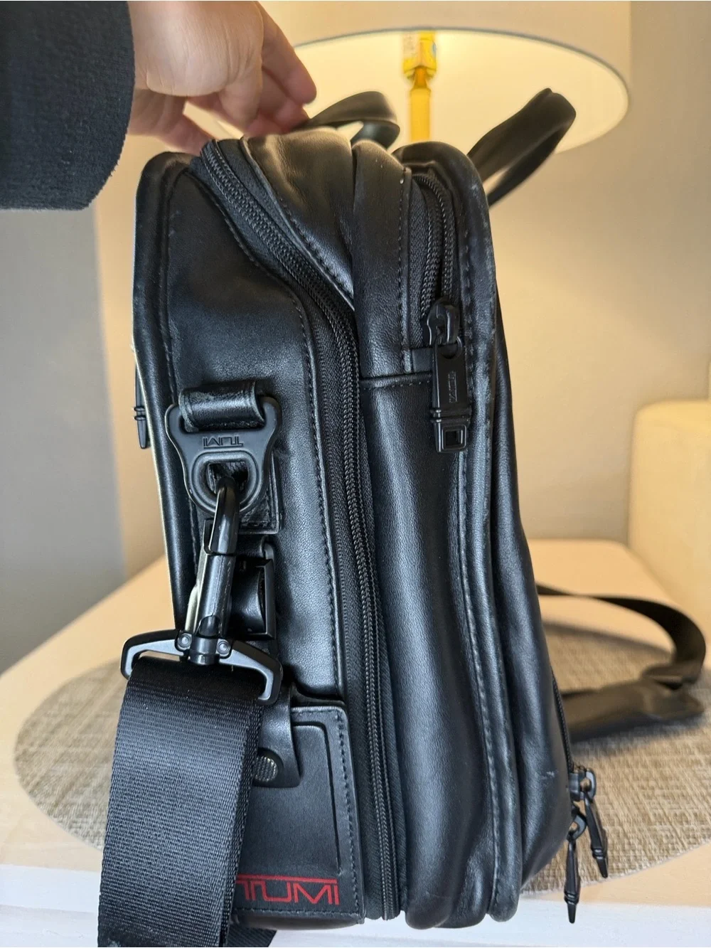 Tumi Black Leather Business Briefcase with Shoulder Strap